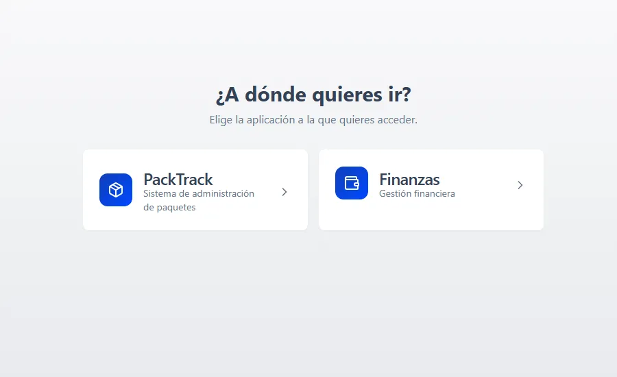 “Where do you want to go?” screen to choose between PackTrack, package management system, and Finanzas, financial management