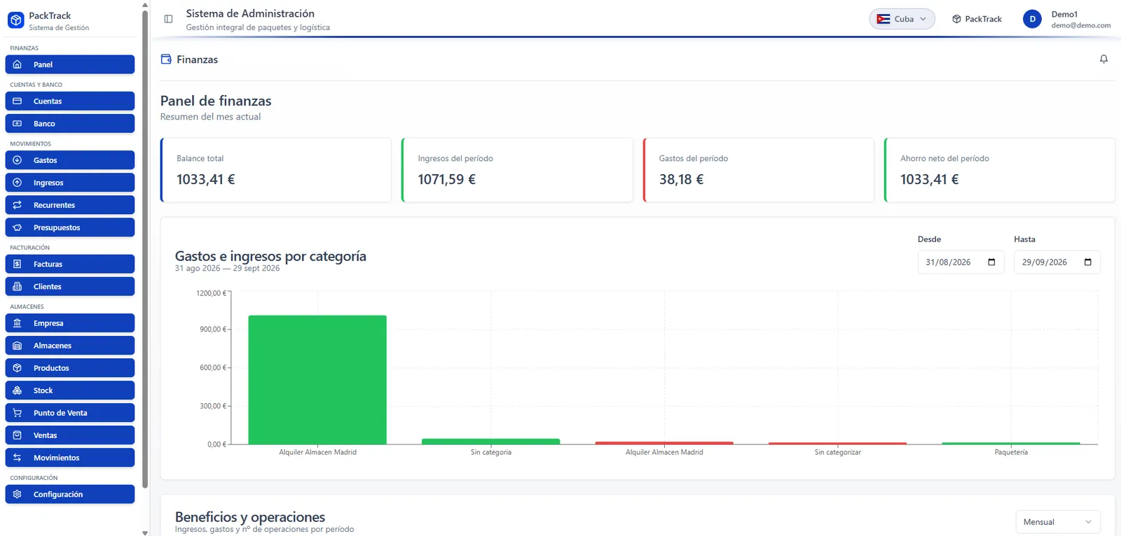 Finance dashboard with total balance, income, expenses, and net savings for the period, plus a chart of expenses and income by category