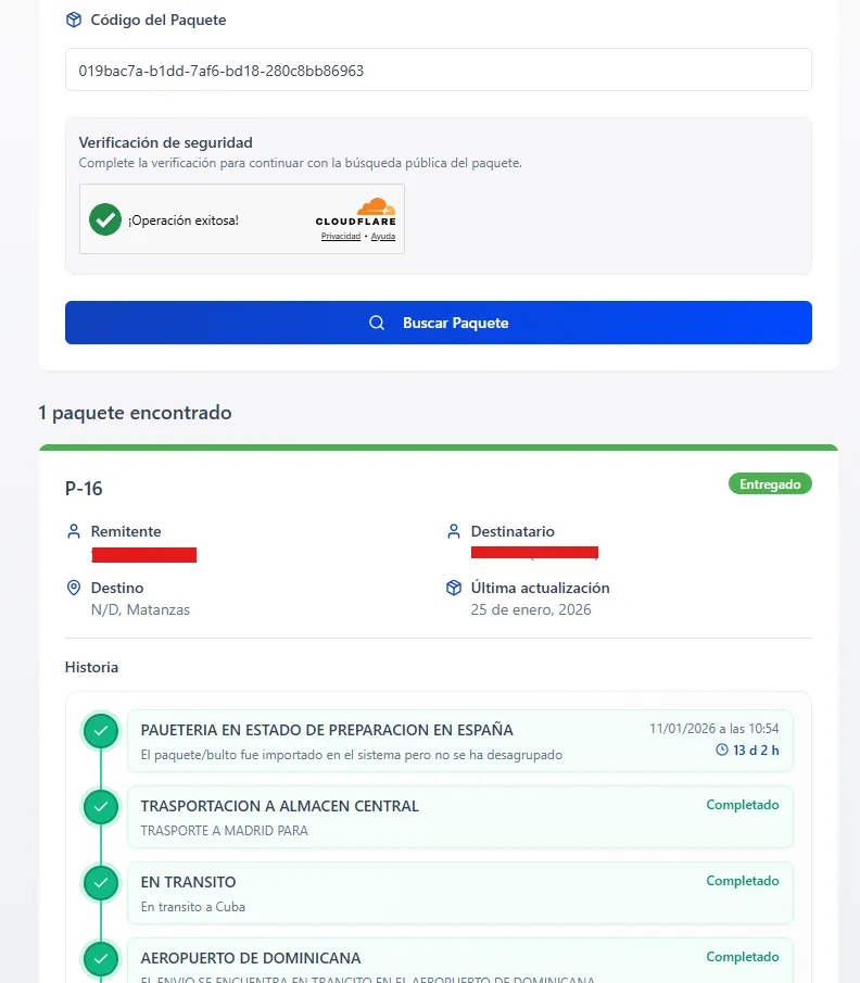 Public package lookup by code, with a security check, sender, recipient, destination, and status history